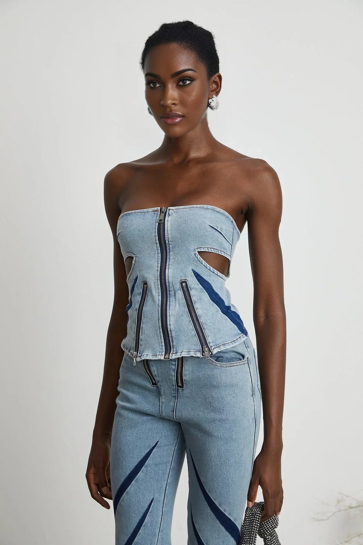 Abigail Denim Top & Jeans Set - Off - the - Shoulder Style - Color - Blocked Design - Cut - Out Detailing - Zips Decoration
