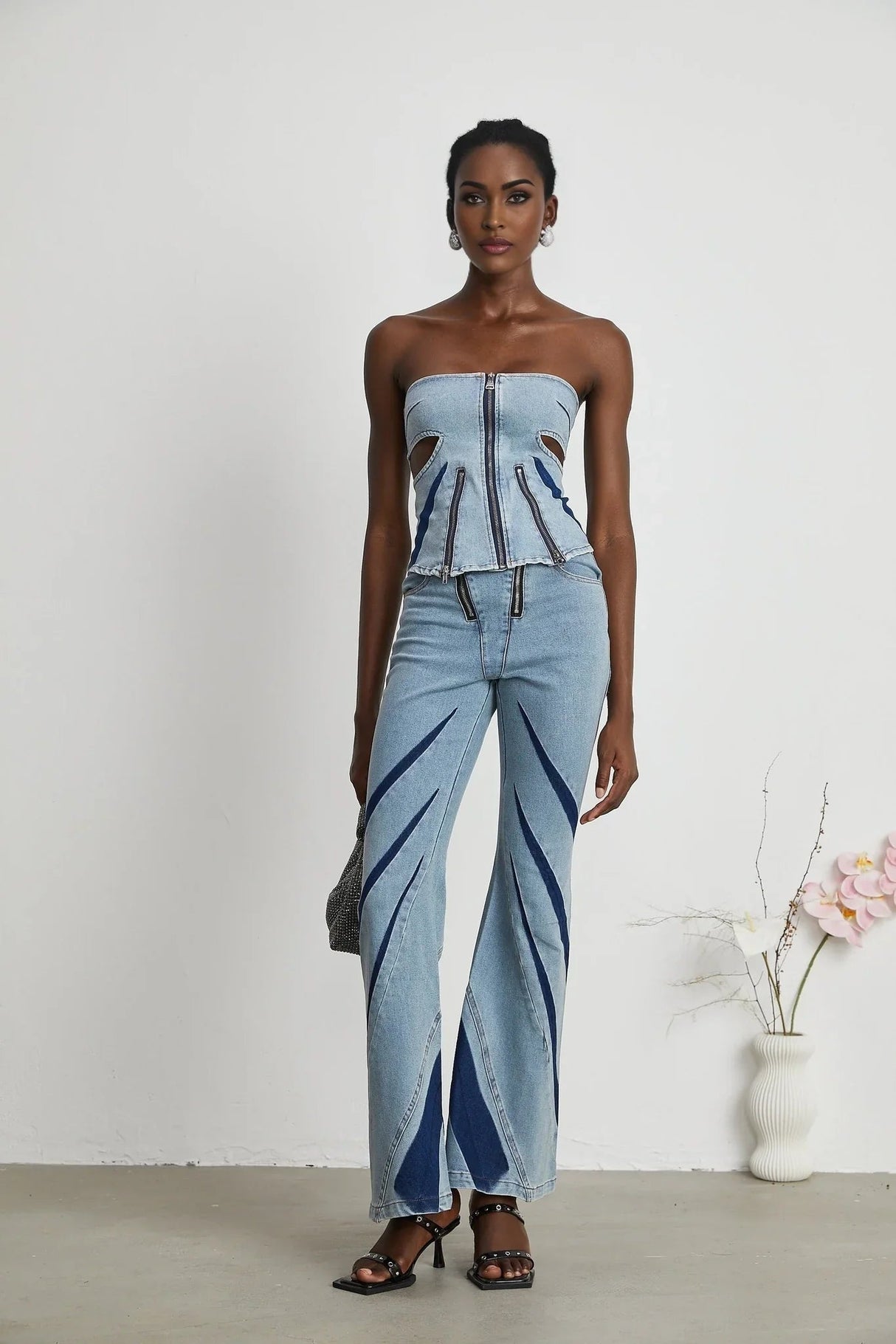 Abigail Denim Top & Jeans Set - Off - the - Shoulder Style - Color - Blocked Design - Cut - Out Detailing - Zips Decoration