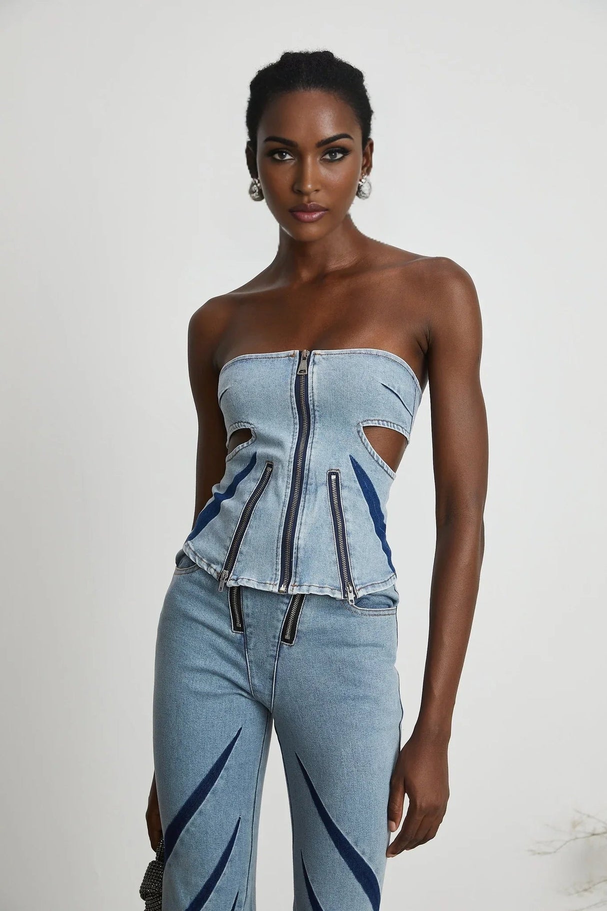 Abigail Denim Top & Jeans Set - Off - the - Shoulder Style - Color - Blocked Design - Cut - Out Detailing - Zips Decoration