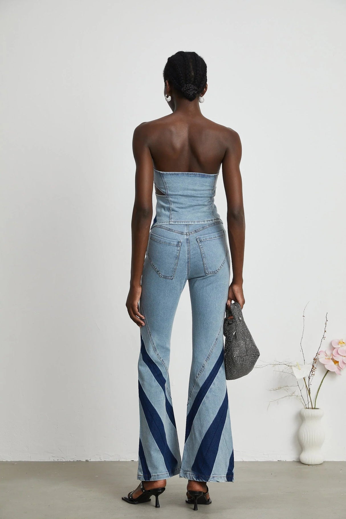 Abigail Denim Top & Jeans Set - Off - the - Shoulder Style - Color - Blocked Design - Cut - Out Detailing - Zips Decoration