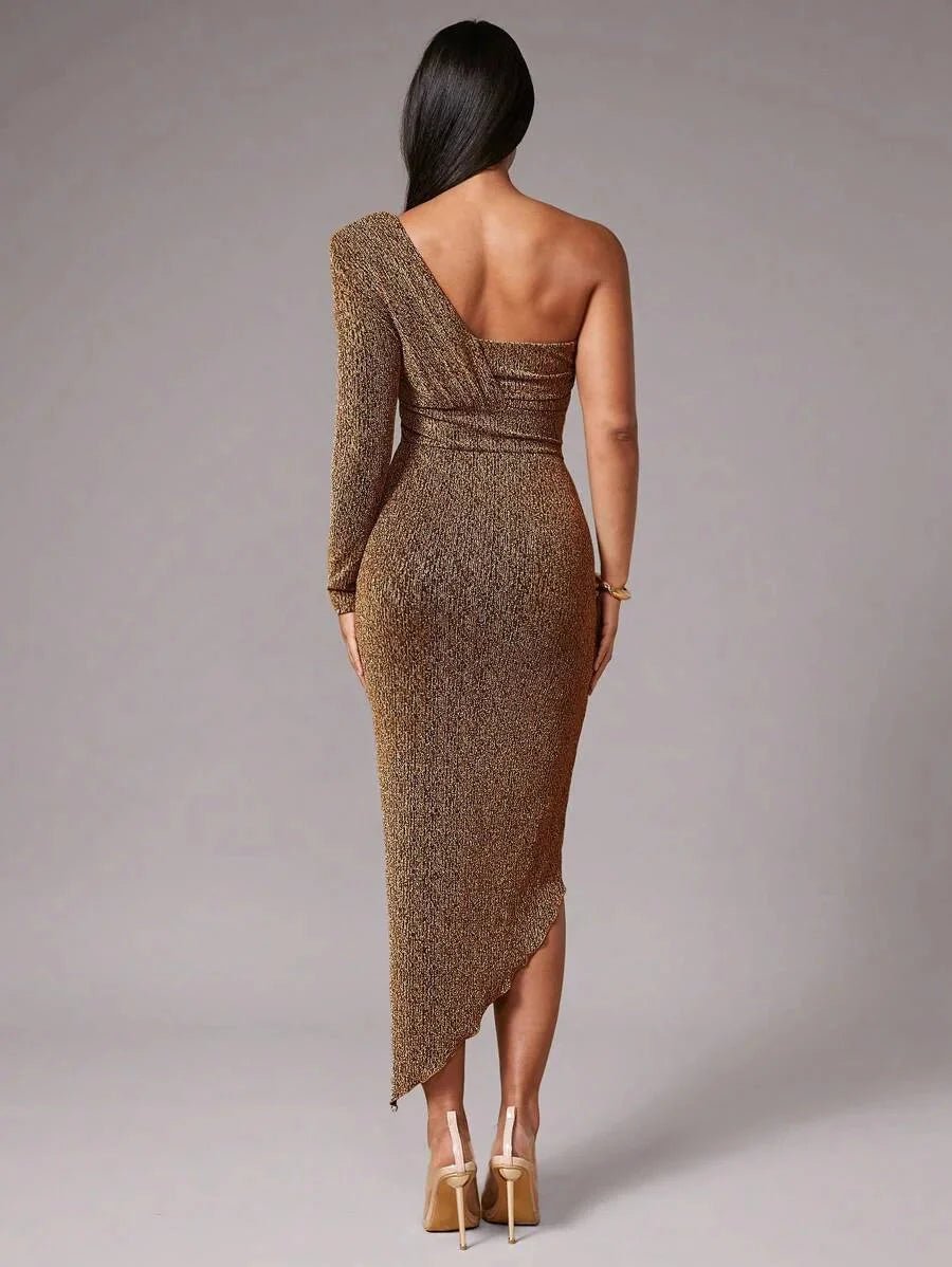 Abigail Midi Dress - Asymmetrical Neck - High Waist - Ruched Details - Party Style