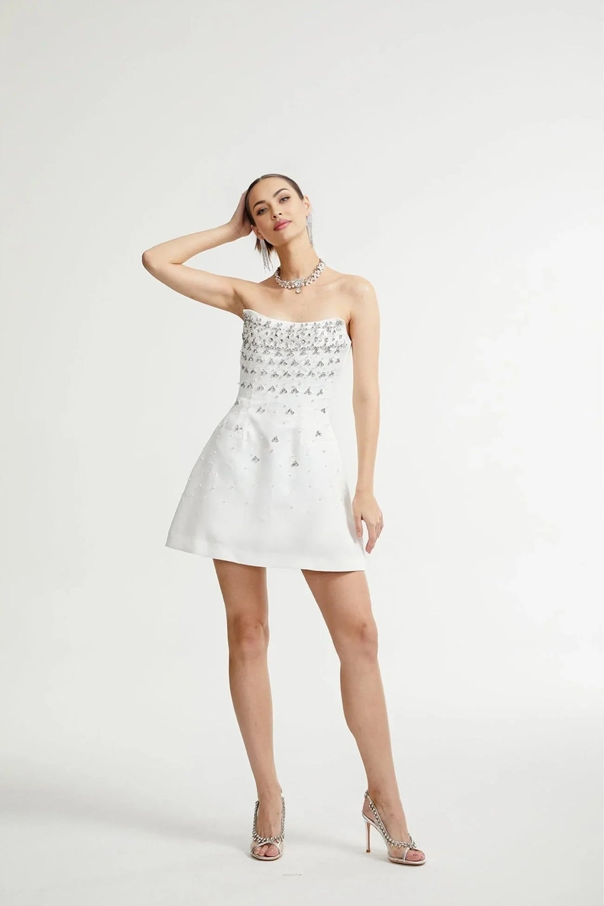 Abigail Mini Dress - Sleeveless Off the Shoulder Embellished Rear Zip Fastening