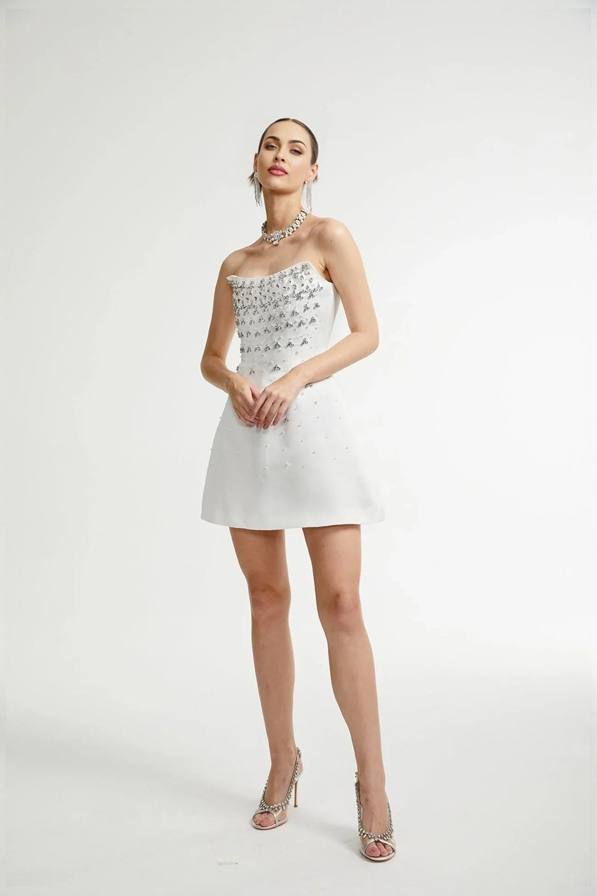 Abigail Mini Dress - Sleeveless Off the Shoulder Embellished Rear Zip Fastening