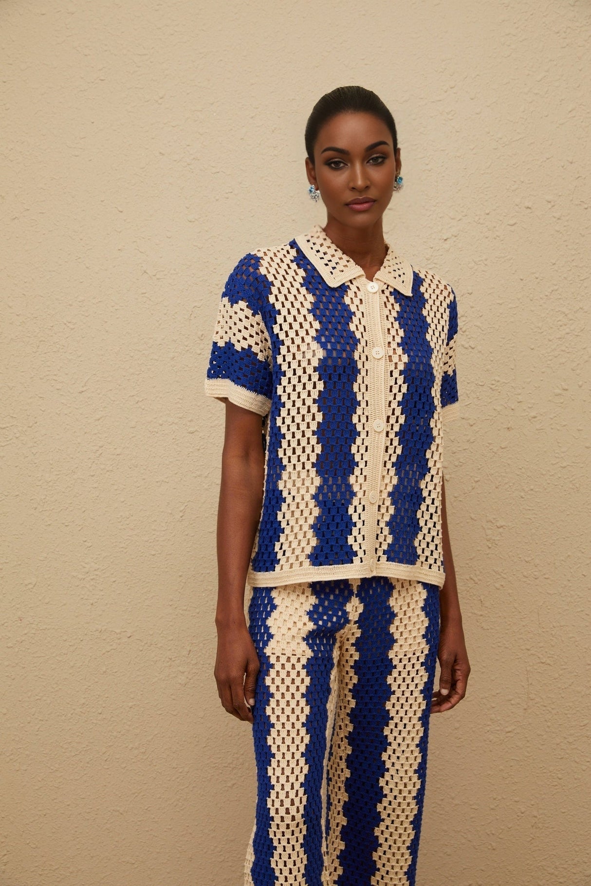 Abigail Shirt & Trousers Set - Crochet Knit Design - Cut - Out Detailing - Notched Lapels - Wide Leg - Flared Hem