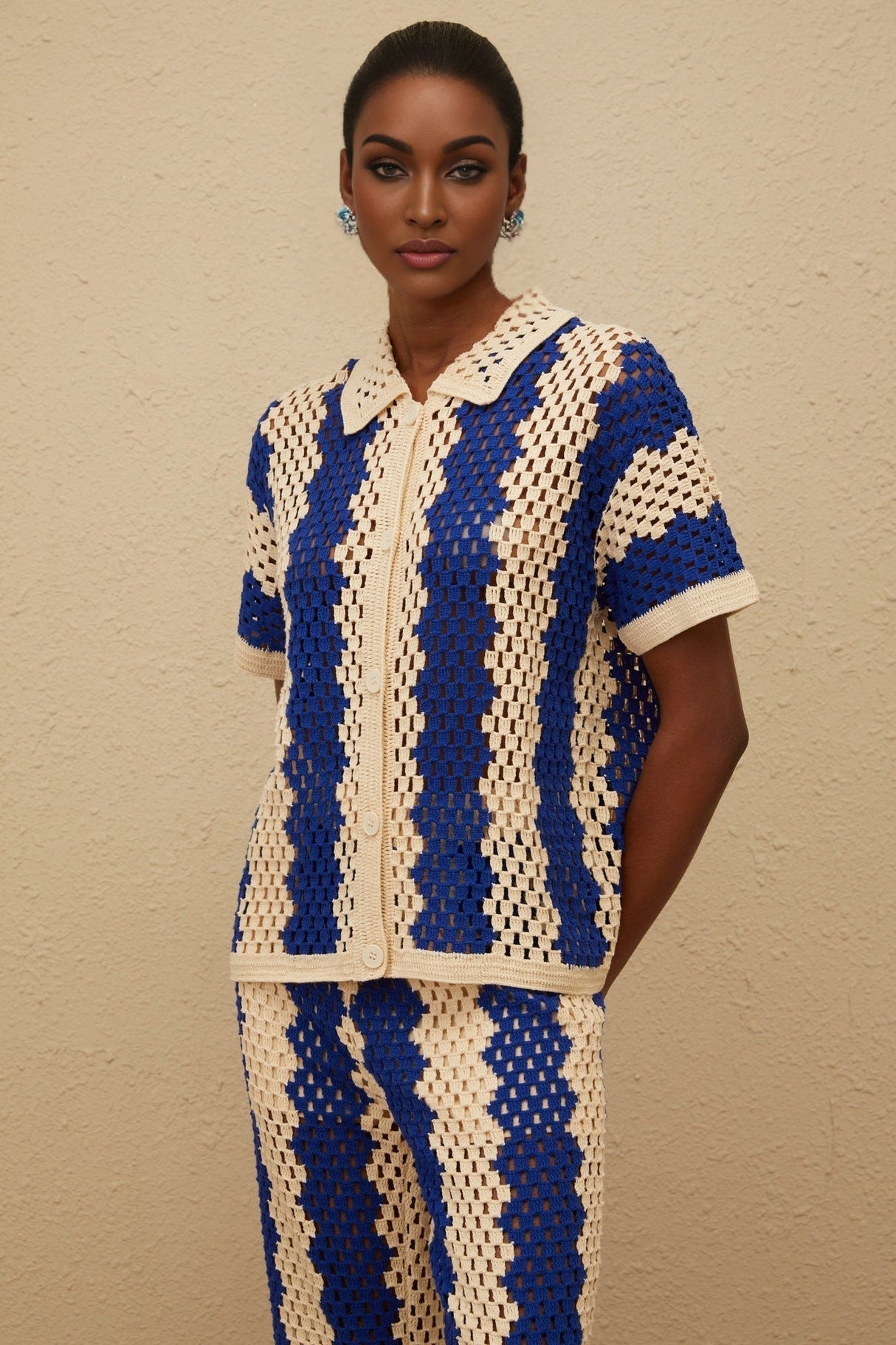 Abigail Shirt & Trousers Set - Crochet Knit Design - Cut - Out Detailing - Notched Lapels - Wide Leg - Flared Hem