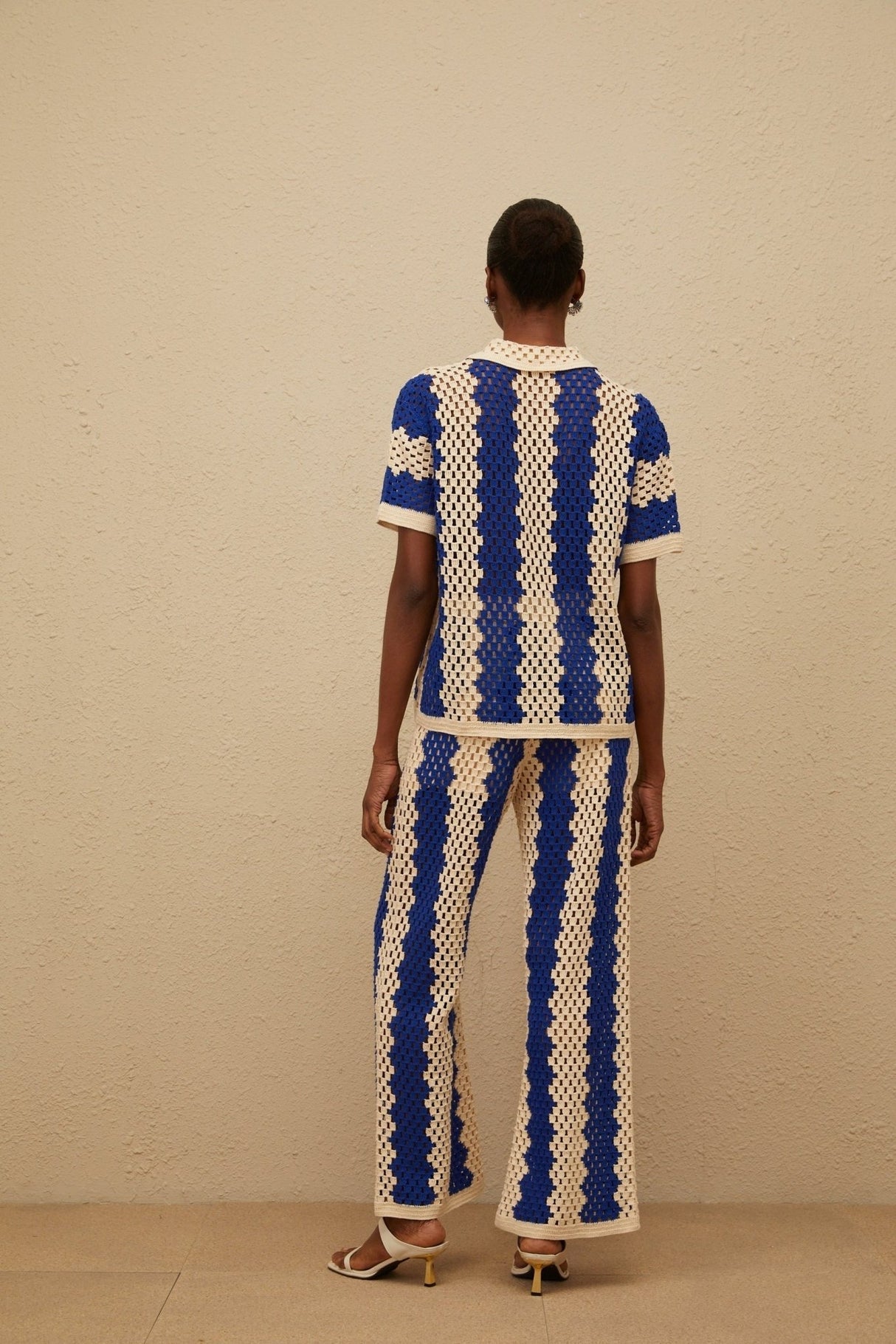 Abigail Shirt & Trousers Set - Crochet Knit Design - Cut - Out Detailing - Notched Lapels - Wide Leg - Flared Hem