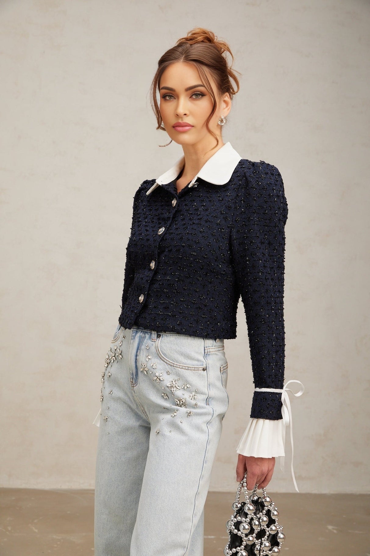 Adalgisa Jacket - Tweed - Flared Cuffs - Color Blocked Design - Quilted Lining