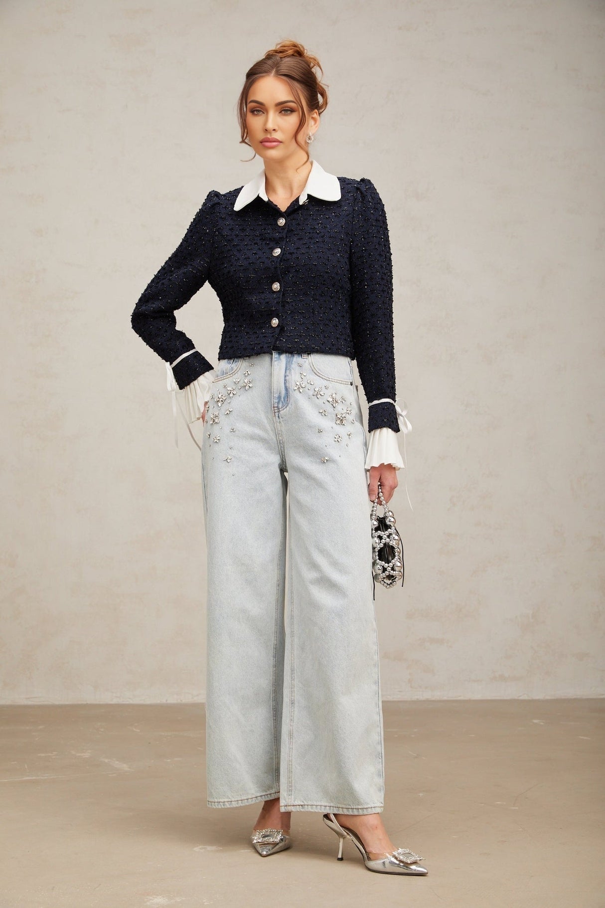 Adalgisa Jacket - Tweed - Flared Cuffs - Color Blocked Design - Quilted Lining