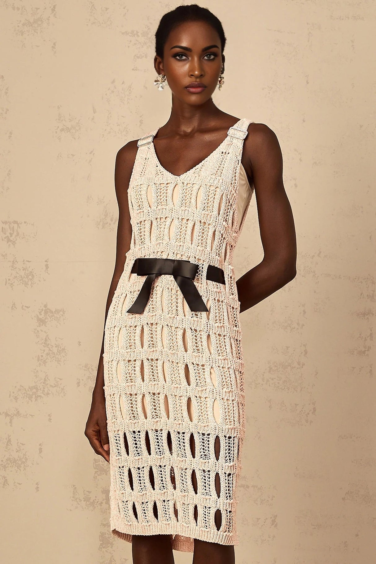 Adalgisa Midi Dress Pink & Black Crochet - Knit Bow Cut - Out