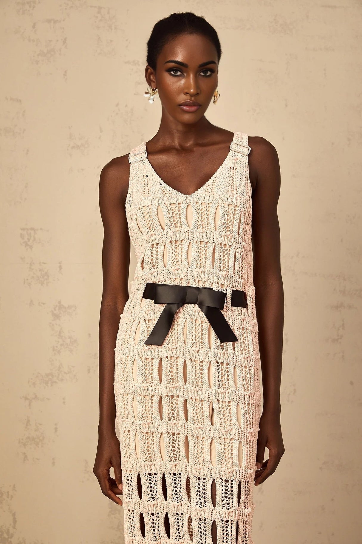 Adalgisa Midi Dress Pink & Black Crochet - Knit Bow Cut - Out