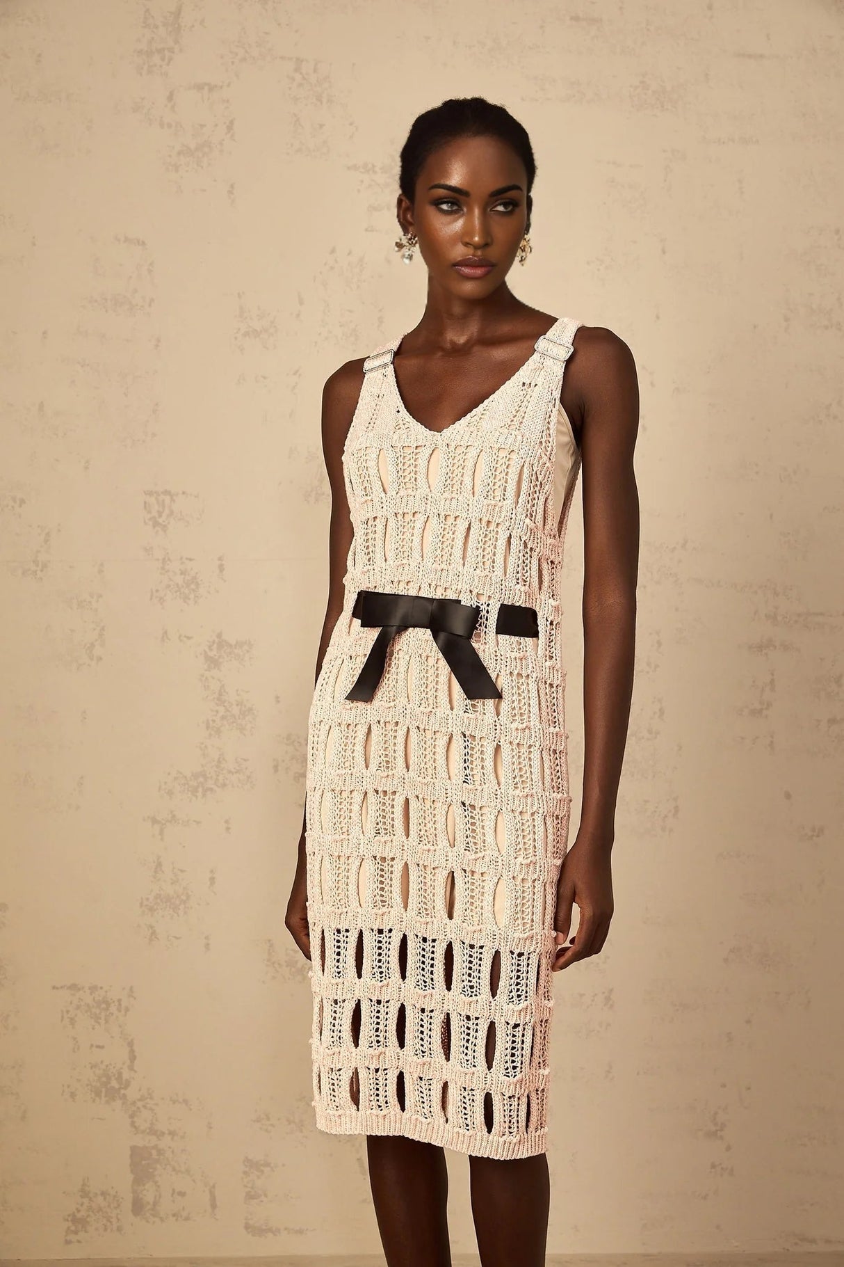 Adalgisa Midi Dress Pink & Black Crochet - Knit Bow Cut - Out