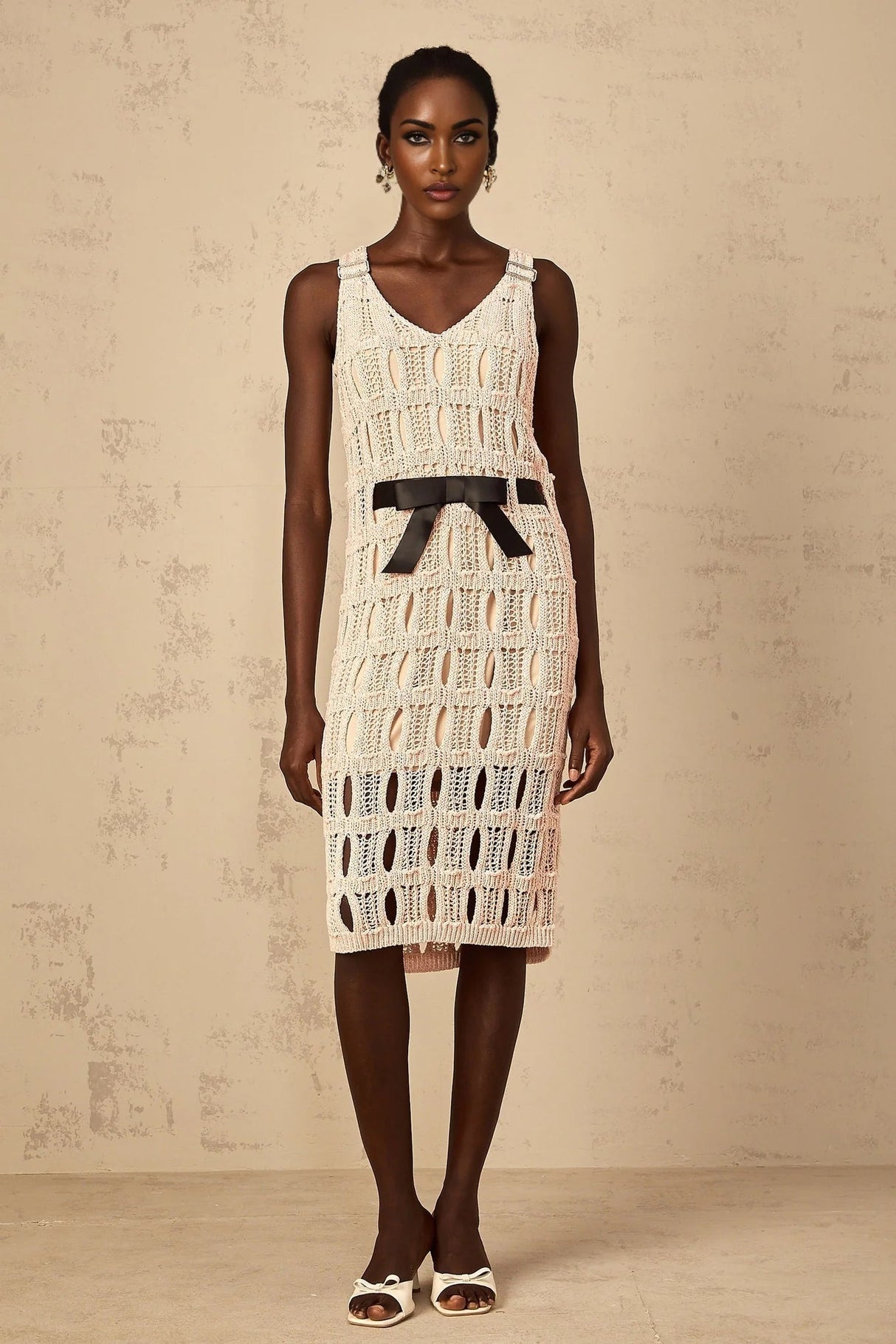 Adalgisa Midi Dress Pink & Black Crochet - Knit Bow Cut - Out