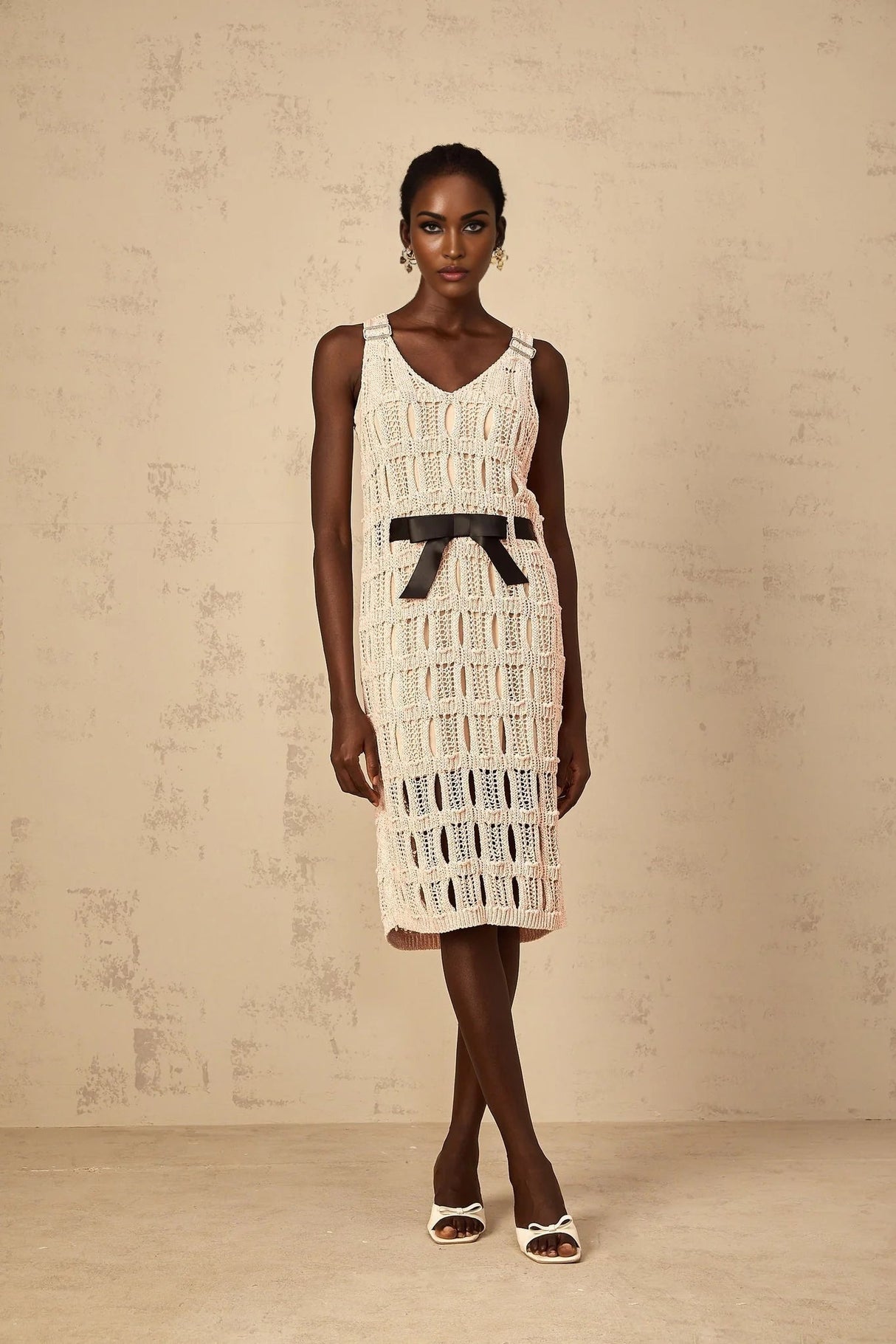 Adalgisa Midi Dress Pink & Black Crochet - Knit Bow Cut - Out