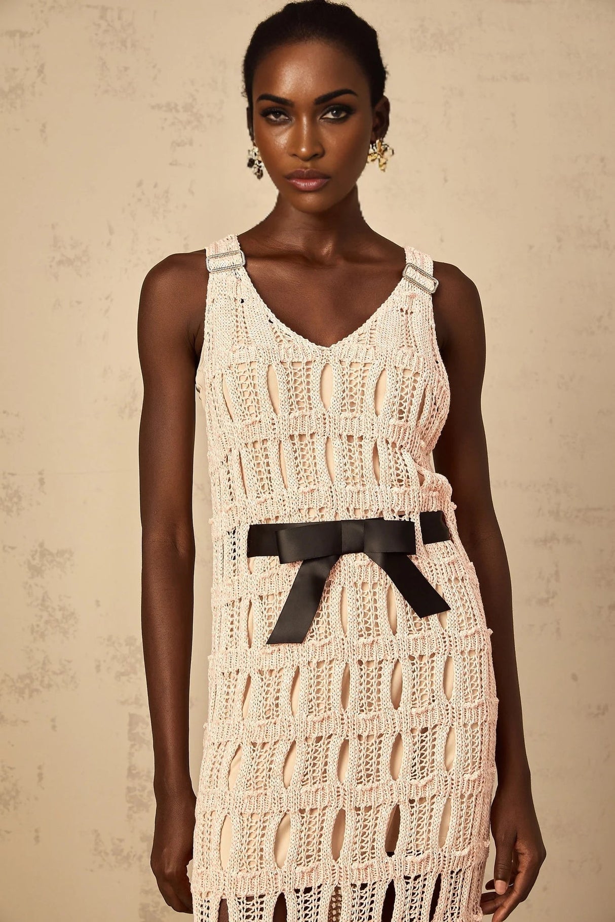 Adalgisa Midi Dress Pink & Black Crochet - Knit Bow Cut - Out