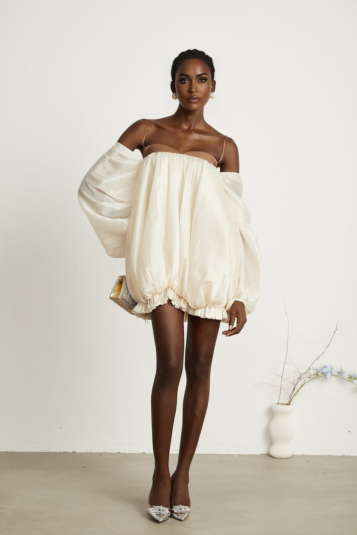 Adalgisa Mini Dress – Bell Sleeves – Pleated Design – Ruffled Trim