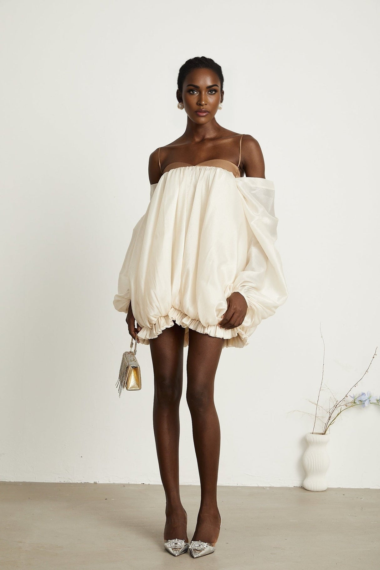 Adalgisa Mini Dress – Bell Sleeves – Pleated Design – Ruffled Trim