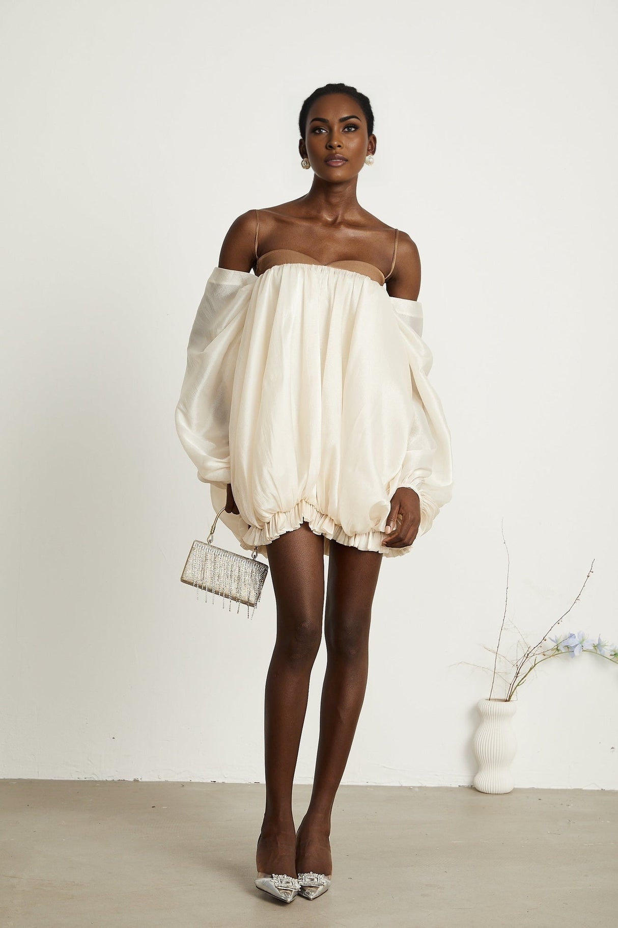 Adalgisa Mini Dress – Bell Sleeves – Pleated Design – Ruffled Trim