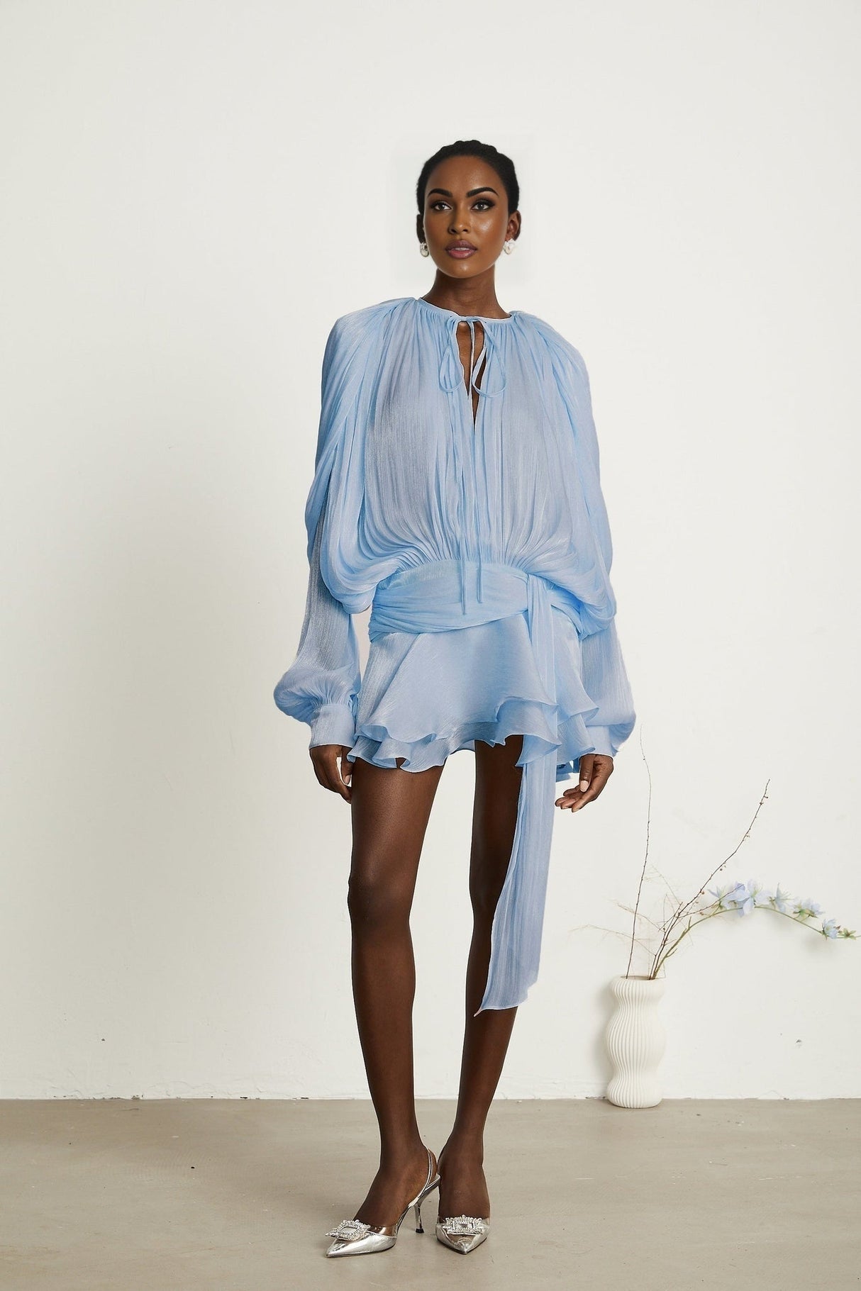 Adalgisa Mini Dress - Long Buttoned - Cuff Sleeves - Twist Design - Shoulder Pads - Ruffled Hem