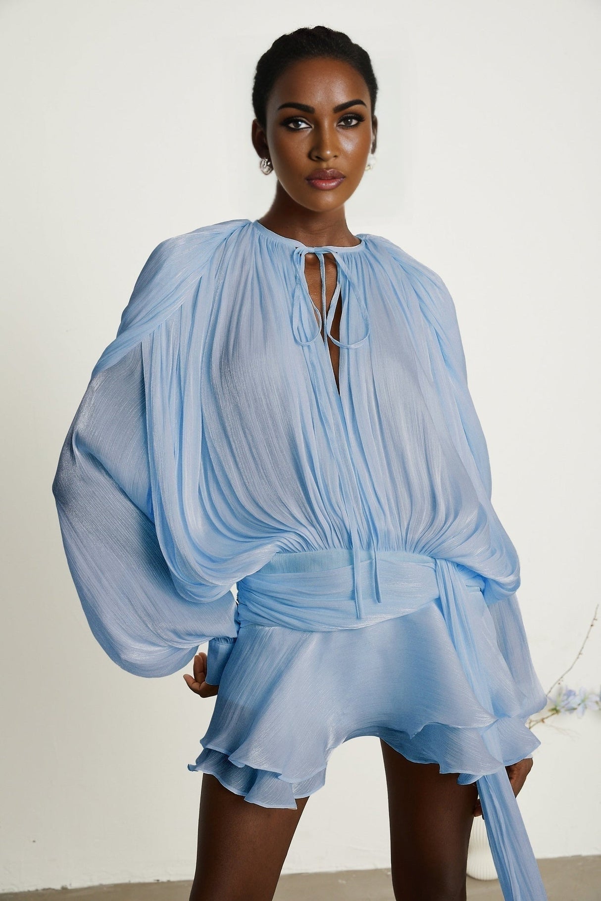 Adalgisa Mini Dress - Long Buttoned - Cuff Sleeves - Twist Design - Shoulder Pads - Ruffled Hem