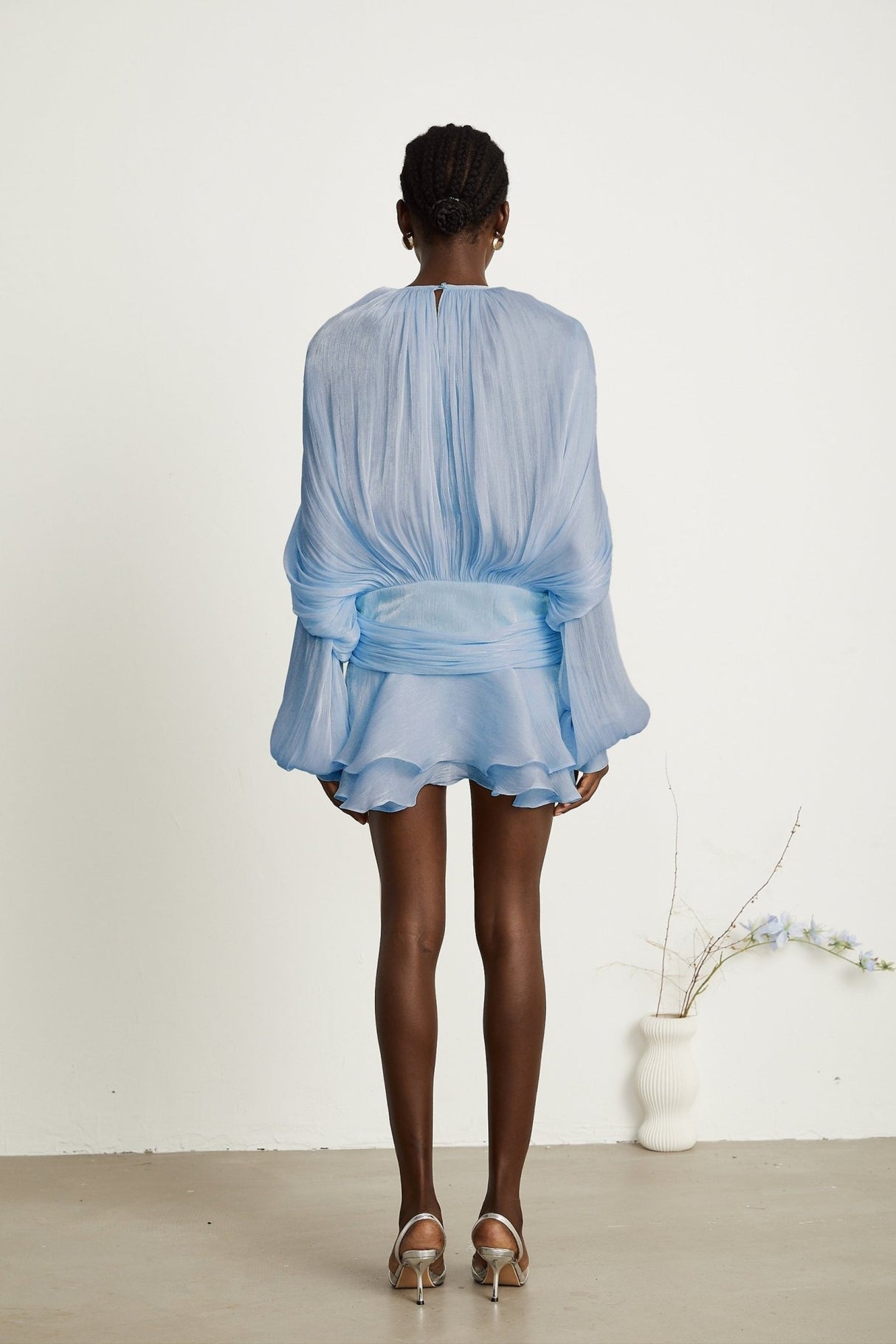 Adalgisa Mini Dress - Long Buttoned - Cuff Sleeves - Twist Design - Shoulder Pads - Ruffled Hem