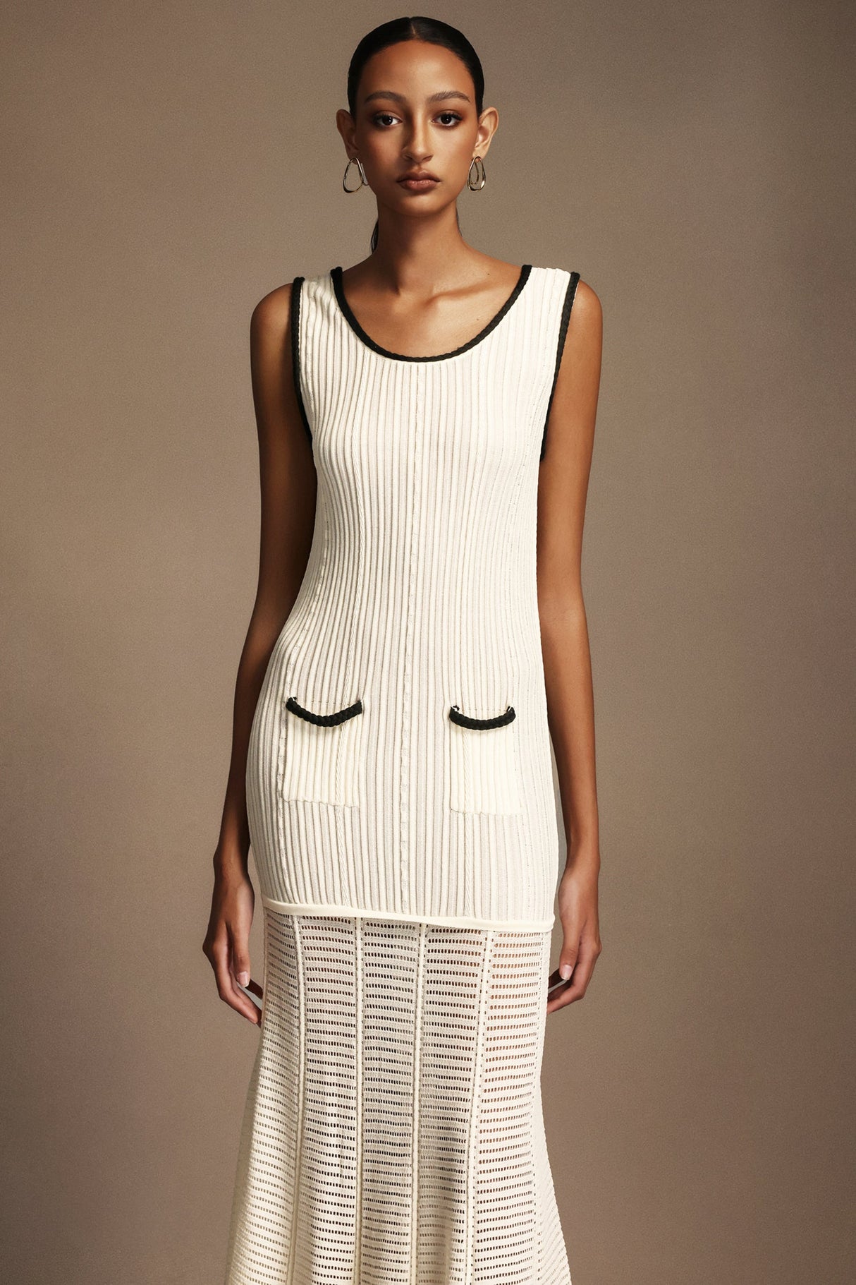 Adalyn Cream Ribbed Maxi Dress with Pockets for Women