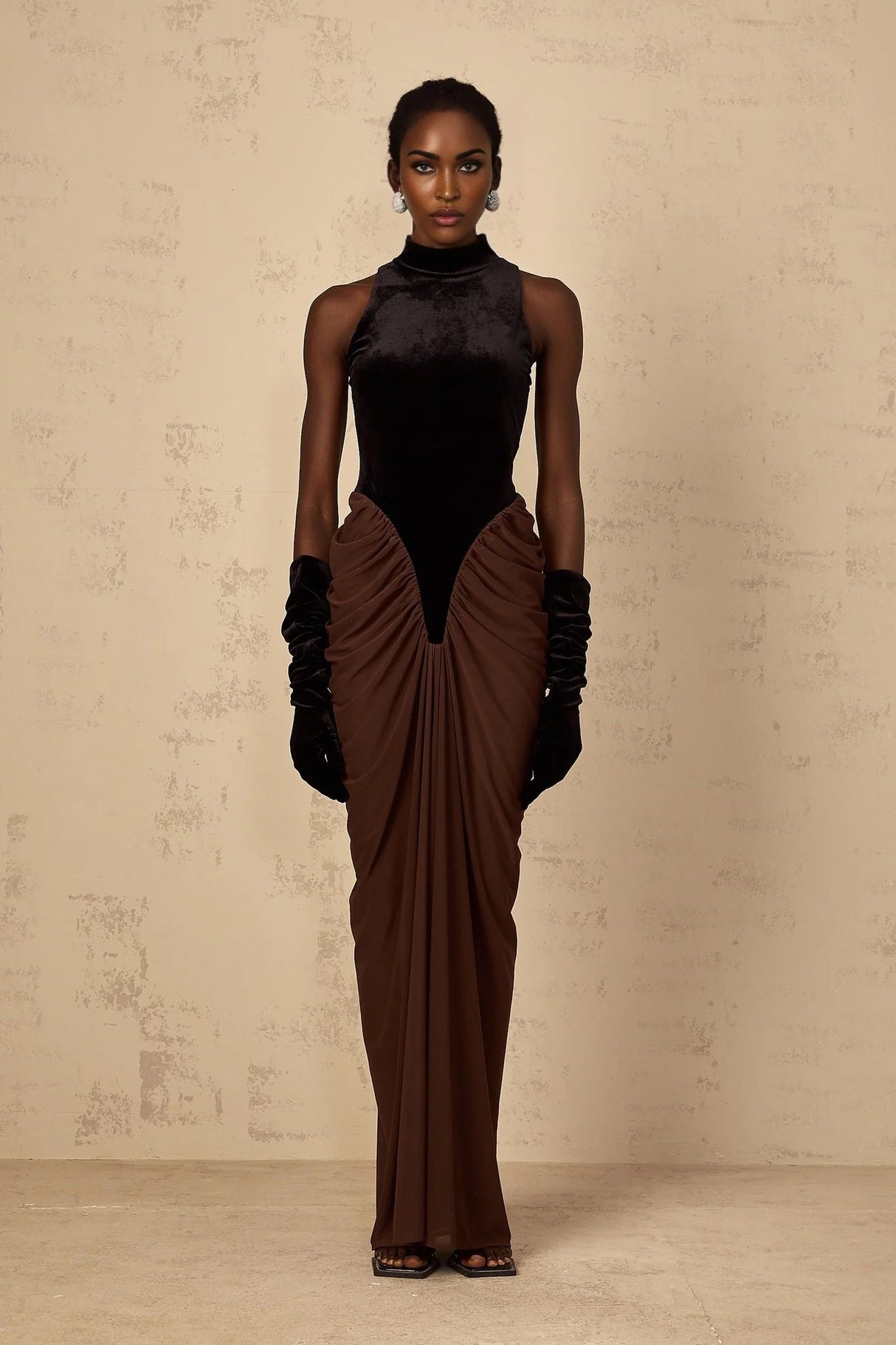 Adalyn Maxi Dress Brown & Black Velvet Ruched Detailing