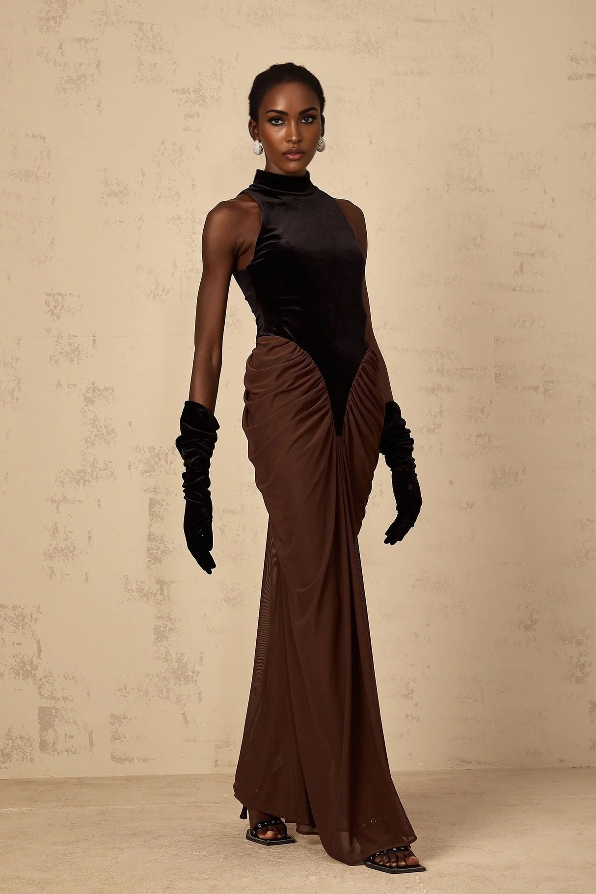 Adalyn Maxi Dress Brown & Black Velvet Ruched Detailing