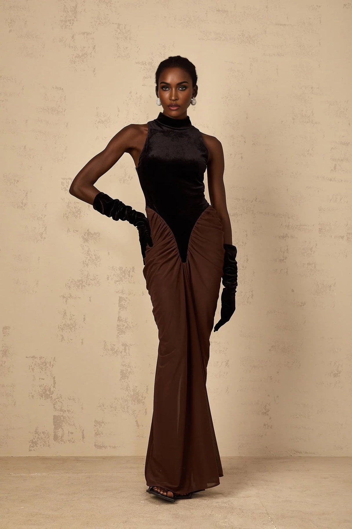 Adalyn Maxi Dress Brown & Black Velvet Ruched Detailing
