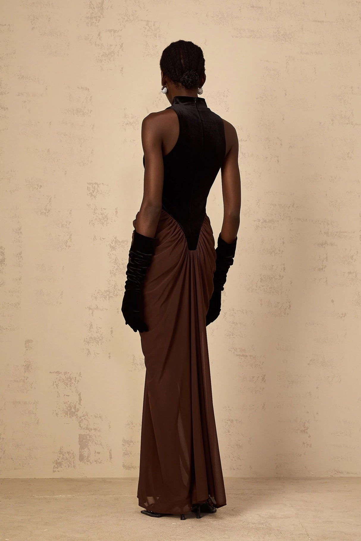 Adalyn Maxi Dress Brown & Black Velvet Ruched Detailing