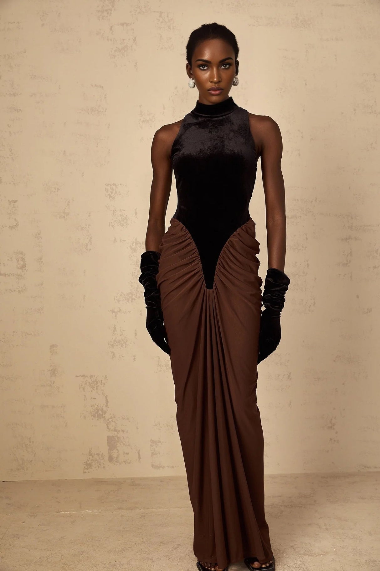 Adalyn Maxi Dress Brown & Black Velvet Ruched Detailing