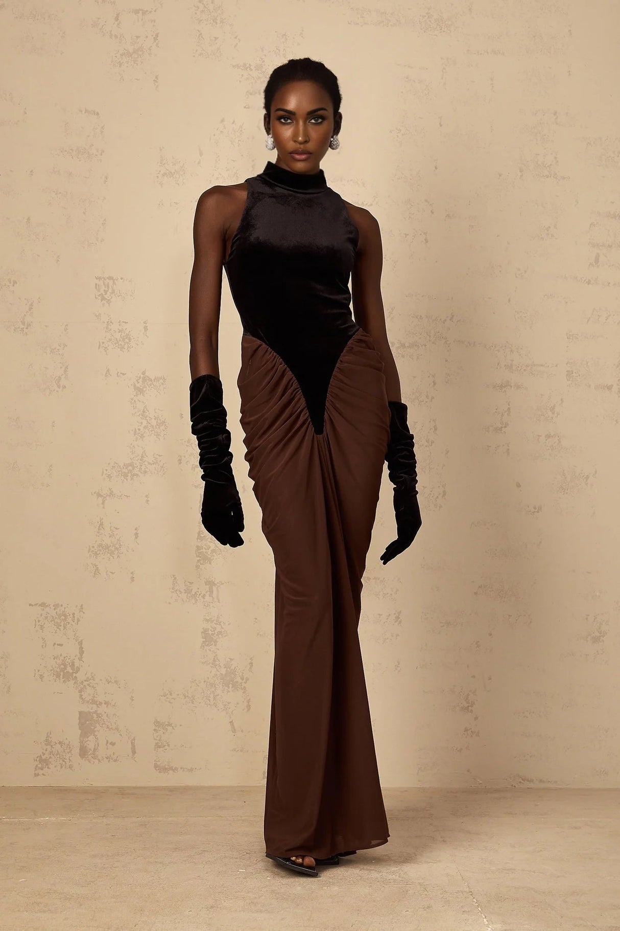 Adalyn Maxi Dress Brown & Black Velvet Ruched Detailing
