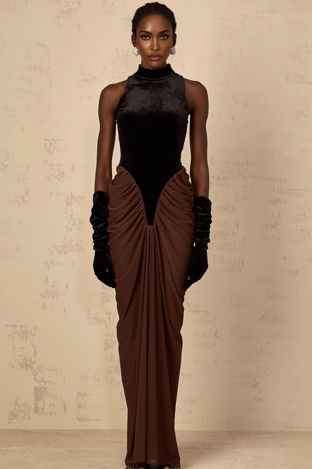 Adalyn Maxi Dress Brown & Black Velvet Ruched Detailing