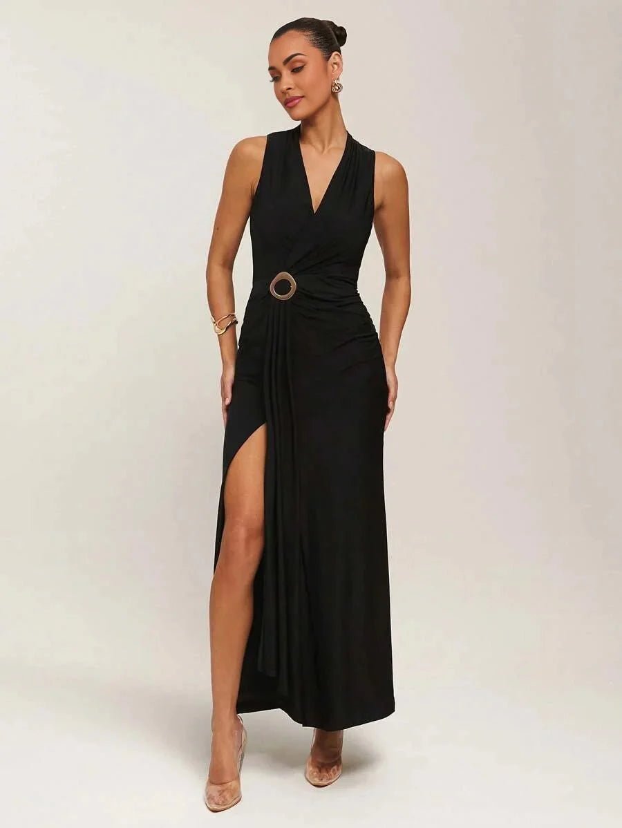 Adalyn Maxi Dress - Refined Style - Slim Fit - High Stretch Fabric - Sleeveless Length - Shawl Collar Neckline - Ruched, Wrap, Split Thigh