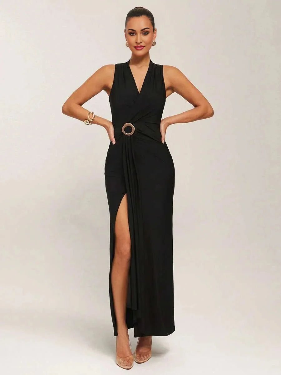 Adalyn Maxi Dress - Refined Style - Slim Fit - High Stretch Fabric - Sleeveless Length - Shawl Collar Neckline - Ruched, Wrap, Split Thigh