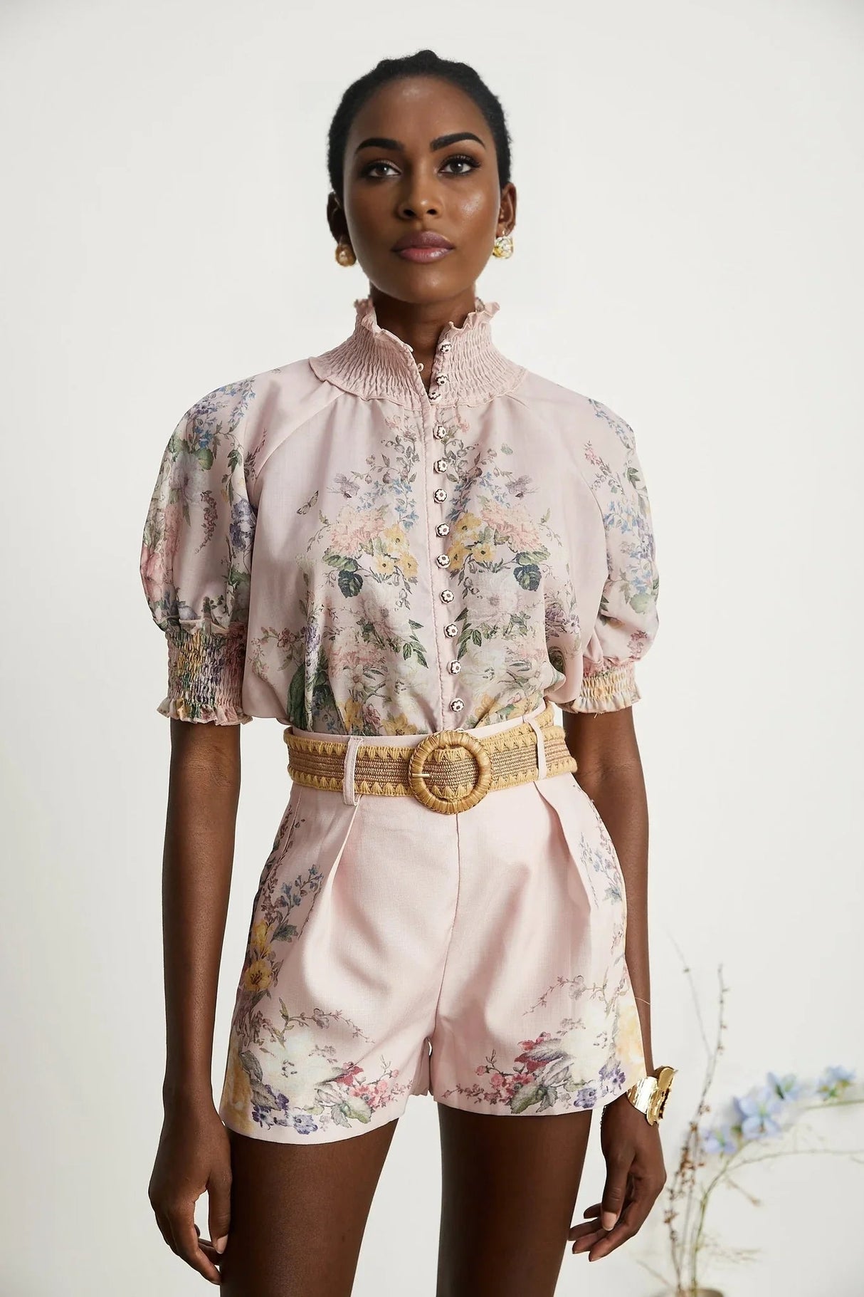 Adalyn Shirt & Shorts - Puff Sleeves - High Neck - Placement - Elastic Waistband