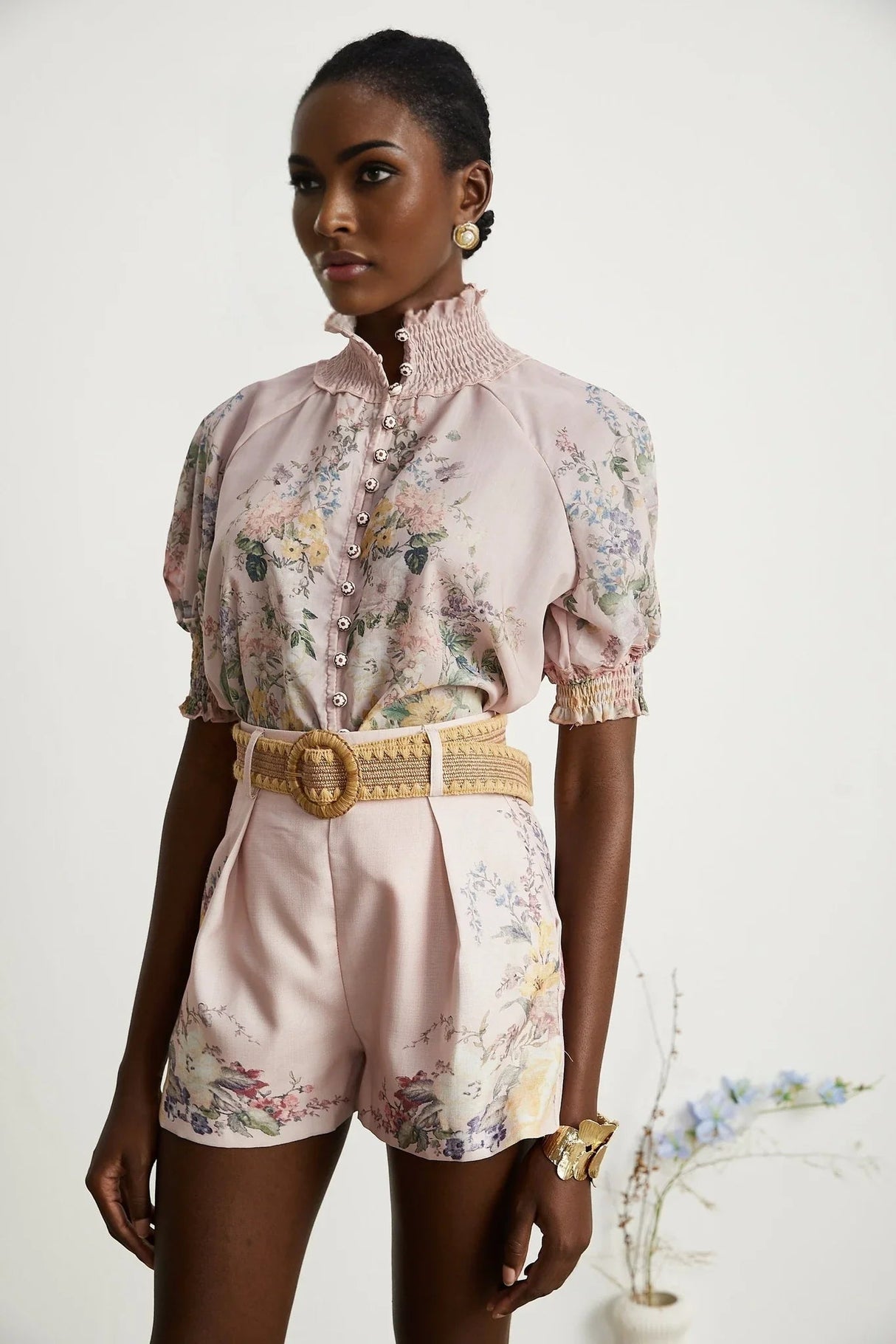 Adalyn Shirt & Shorts - Puff Sleeves - High Neck - Placement - Elastic Waistband