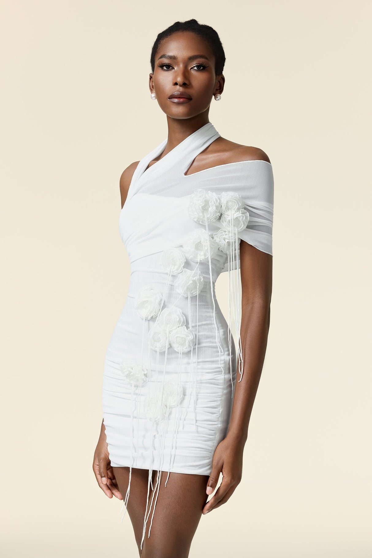 Adalyn White Asymmetrical Mini Dress with Floral Embellishments