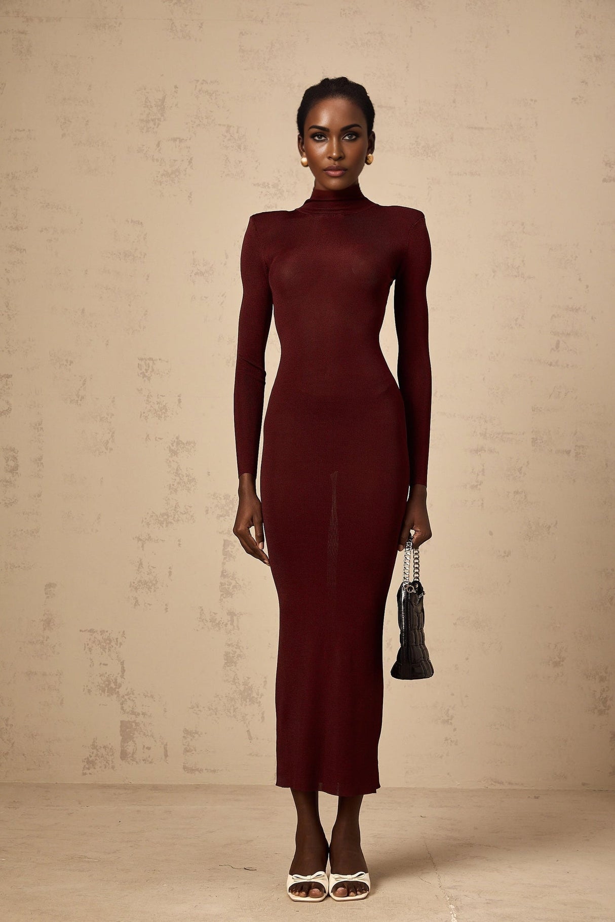 Addison Midi Dress - Shoulder Padded - Semi - Sheer - Stretch Knit - Turtle Neck