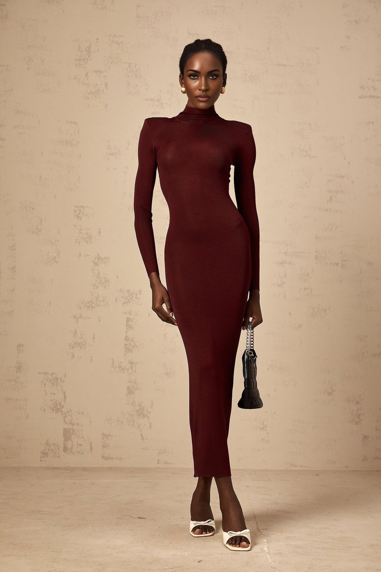 Addison Midi Dress - Shoulder Padded - Semi - Sheer - Stretch Knit - Turtle Neck