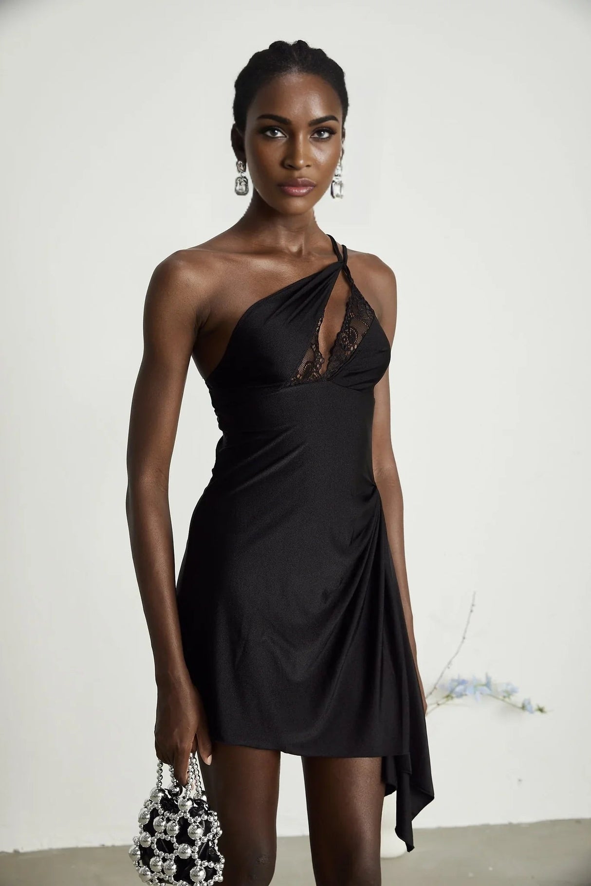 Addison Mini Dress - One - Shoulder Style - Lace and Cut - Out Detailing - Side Split - Asymmetric Hem