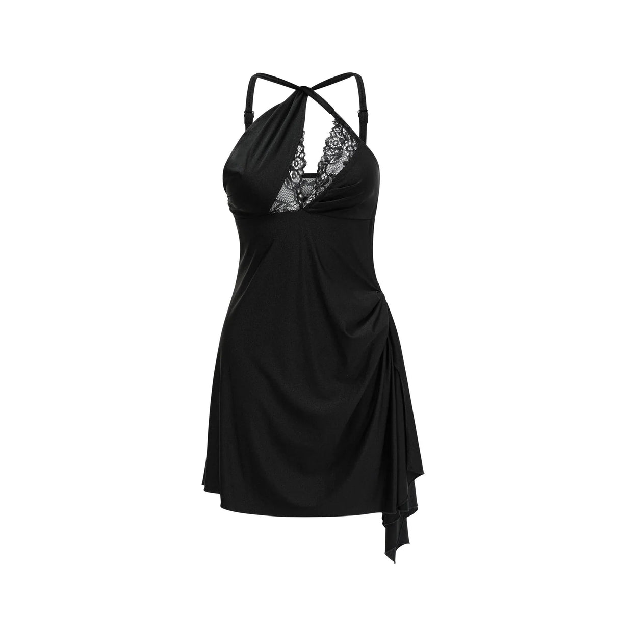 Addison Mini Dress - One - Shoulder Style - Lace and Cut - Out Detailing - Side Split - Asymmetric Hem