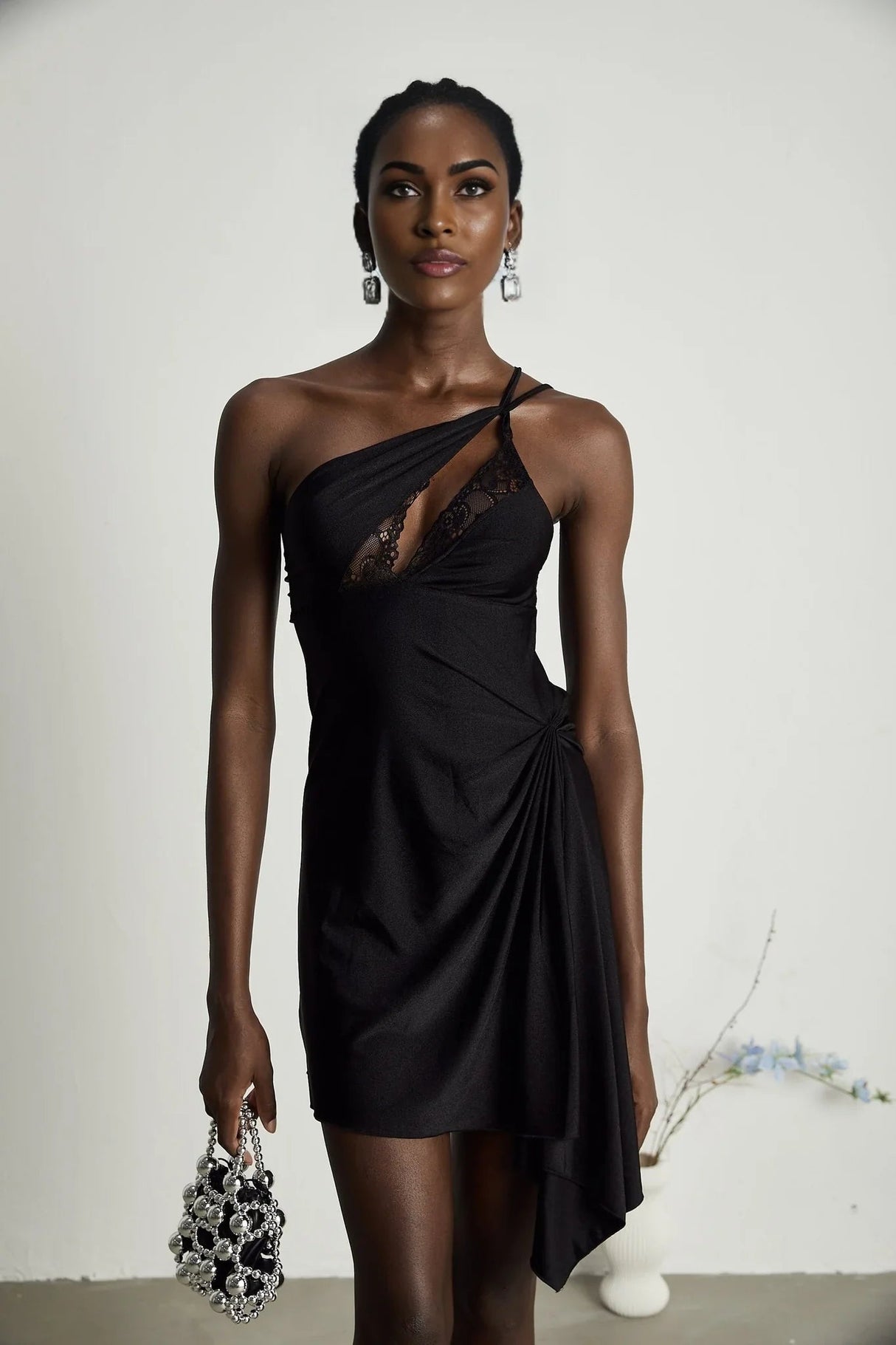 Addison Mini Dress - One - Shoulder Style - Lace and Cut - Out Detailing - Side Split - Asymmetric Hem