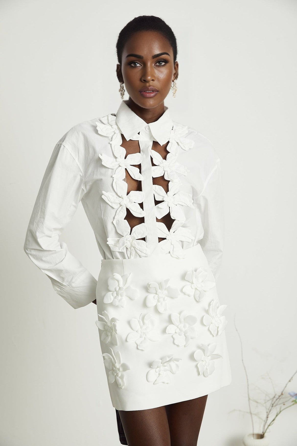 Adelaide Shirt - Lapel - Long Sleeves - 3D - Floral Embellishment - Cut - Out Design