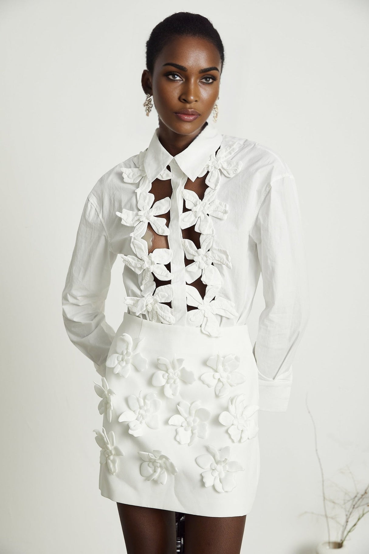 Adelaide Shirt - Lapel - Long Sleeves - 3D - Floral Embellishment - Cut - Out Design