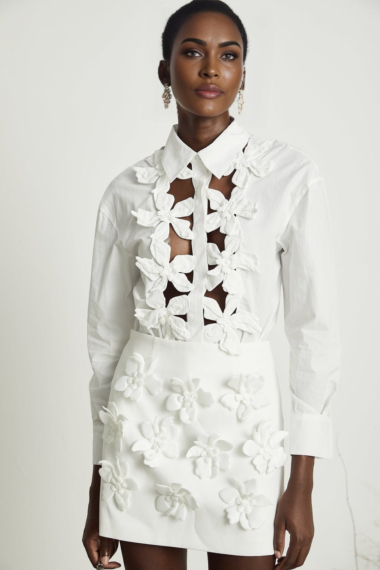 Adelaide Shirt - Lapel - Long Sleeves - 3D - Floral Embellishment - Cut - Out Design