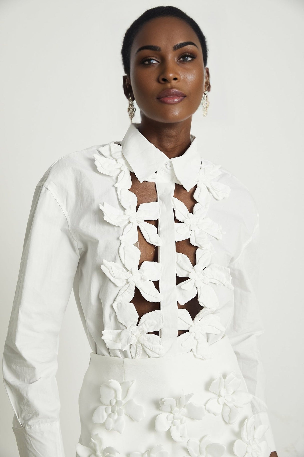 Adelaide Shirt - Lapel - Long Sleeves - 3D - Floral Embellishment - Cut - Out Design