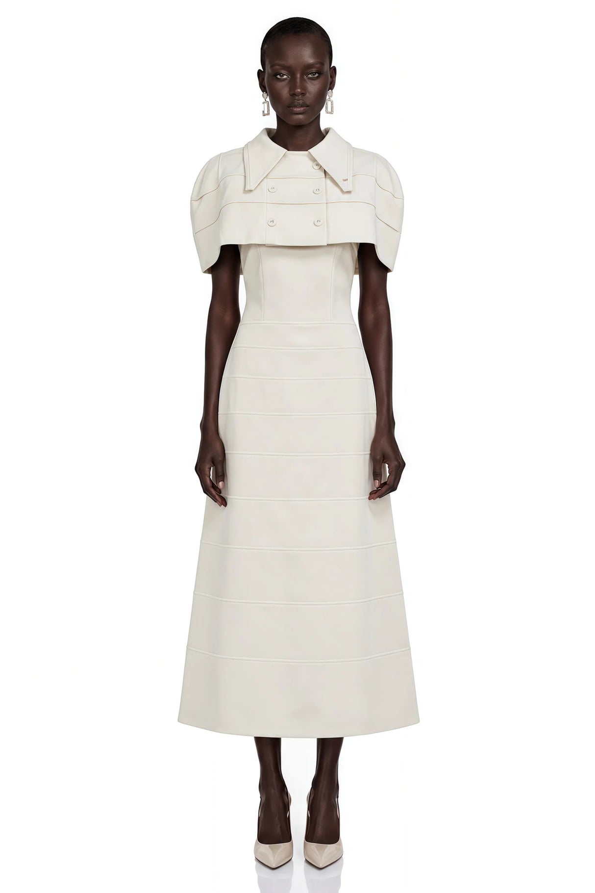 Adelaide White Midi Dress with Collared Cape