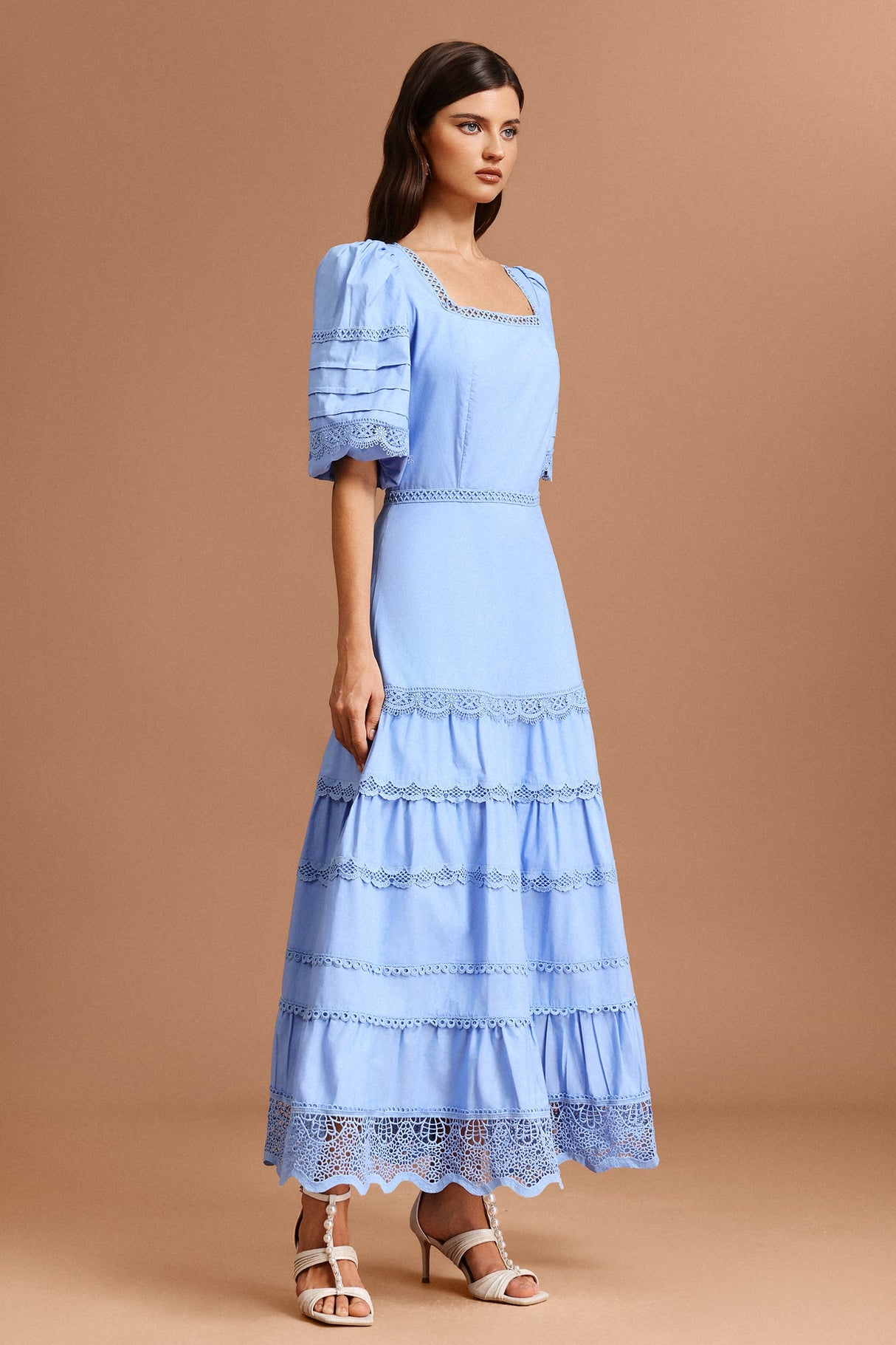 Adelina Blue Lace Maxi Dress Square Collar Puff Sleeves Tiered Hem