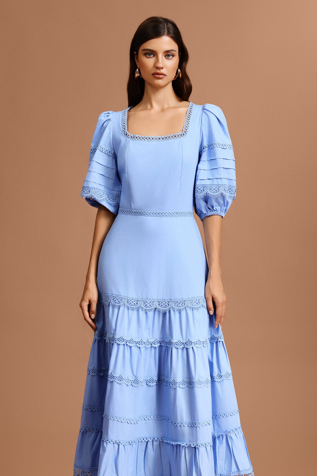 Adelina Blue Lace Maxi Dress Square Collar Puff Sleeves Tiered Hem