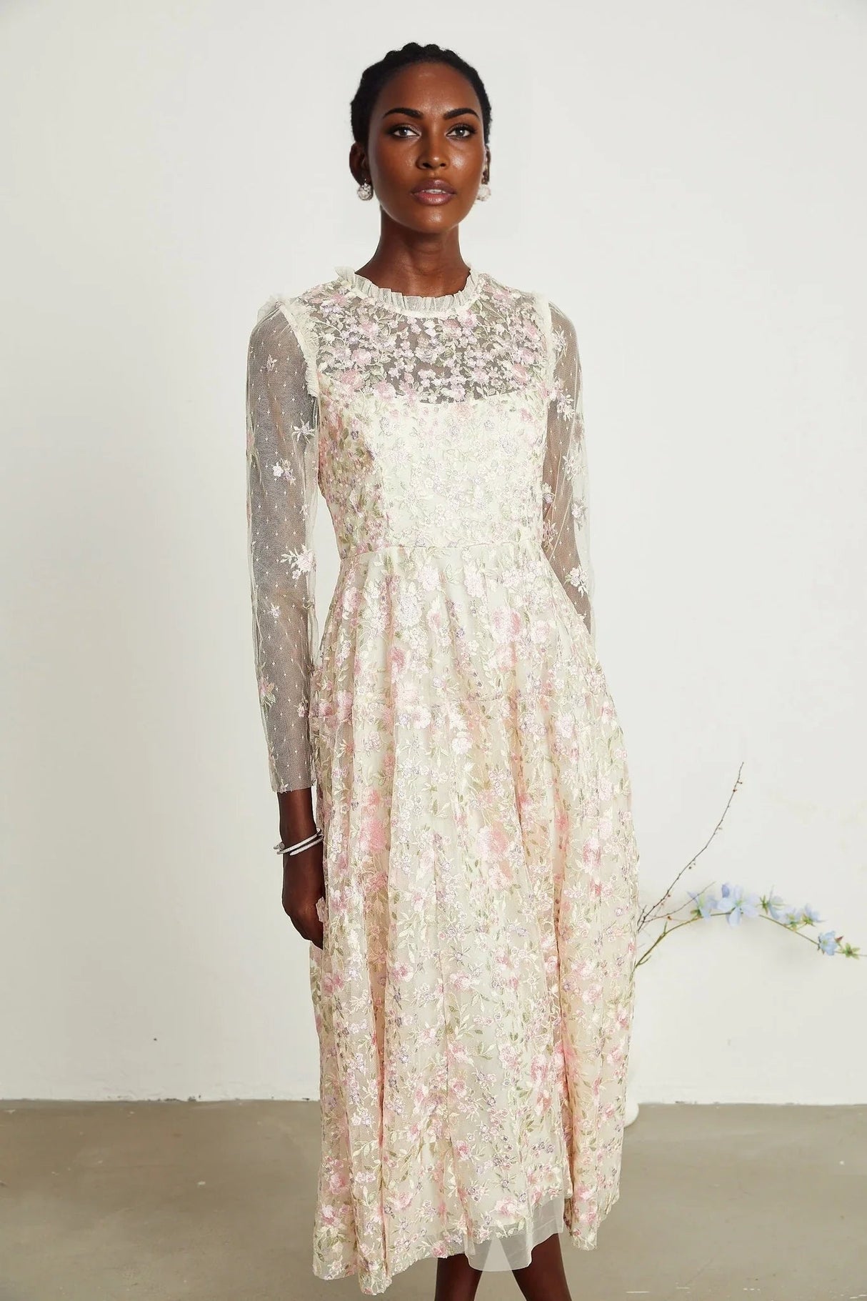 Adelina Floral Midi Dress - Round Neck - Long Sleeves - Pleated Tulle Design - Floral Embroidery Detail